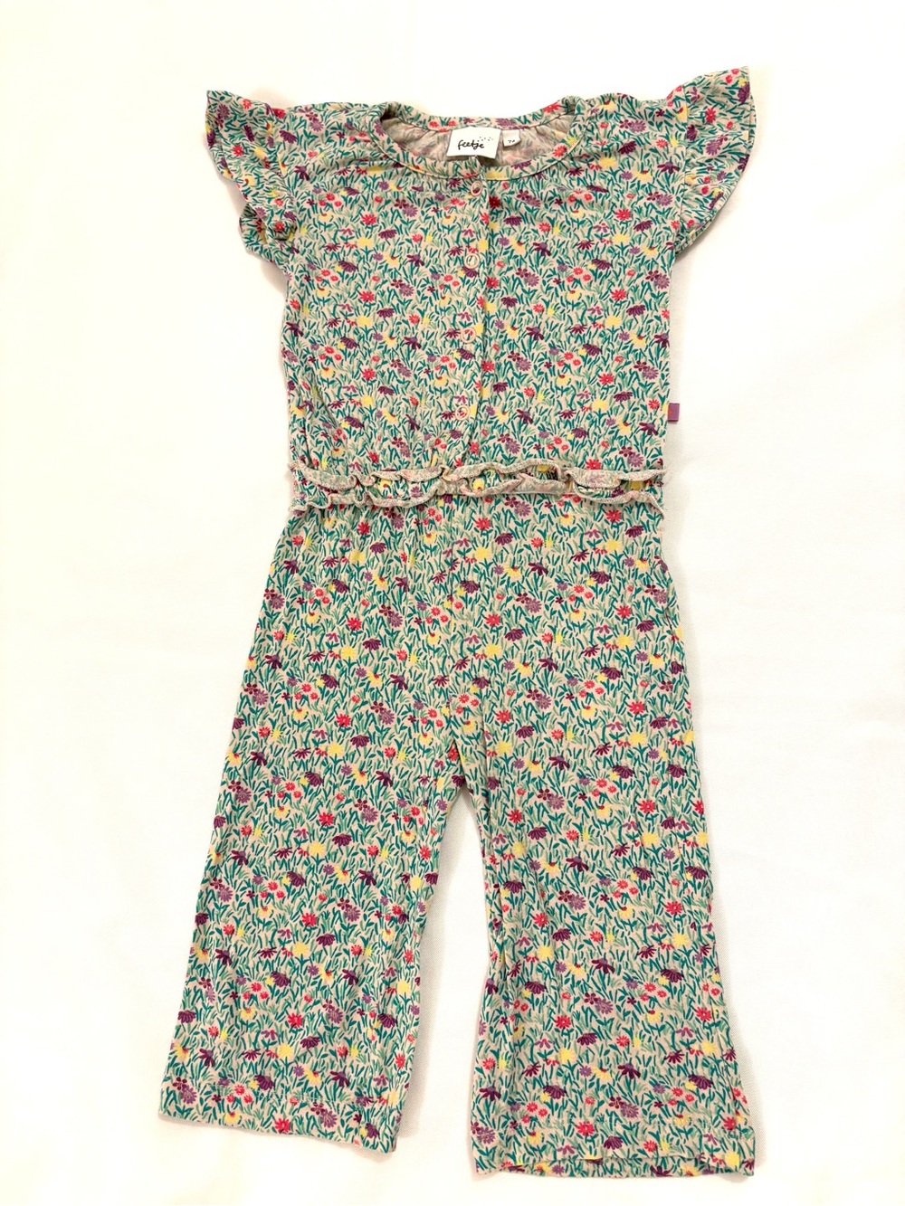 Feetje “Picnic Perfect” green Floral Short-Sleeve wide leg jumpsuit 6-9m / 74